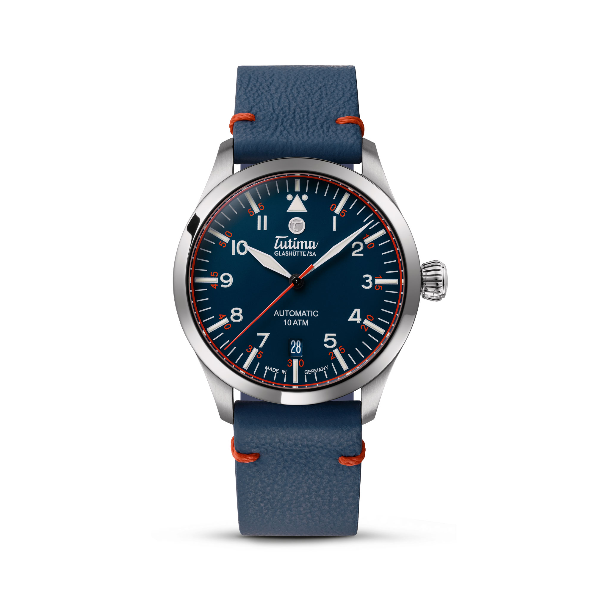 Edelstahl-Fliegeruhr Tutima Glashütte T5 mit blauem Zifferblatt, weißen Indizes und blauem Lederarmband mit roten Nähten