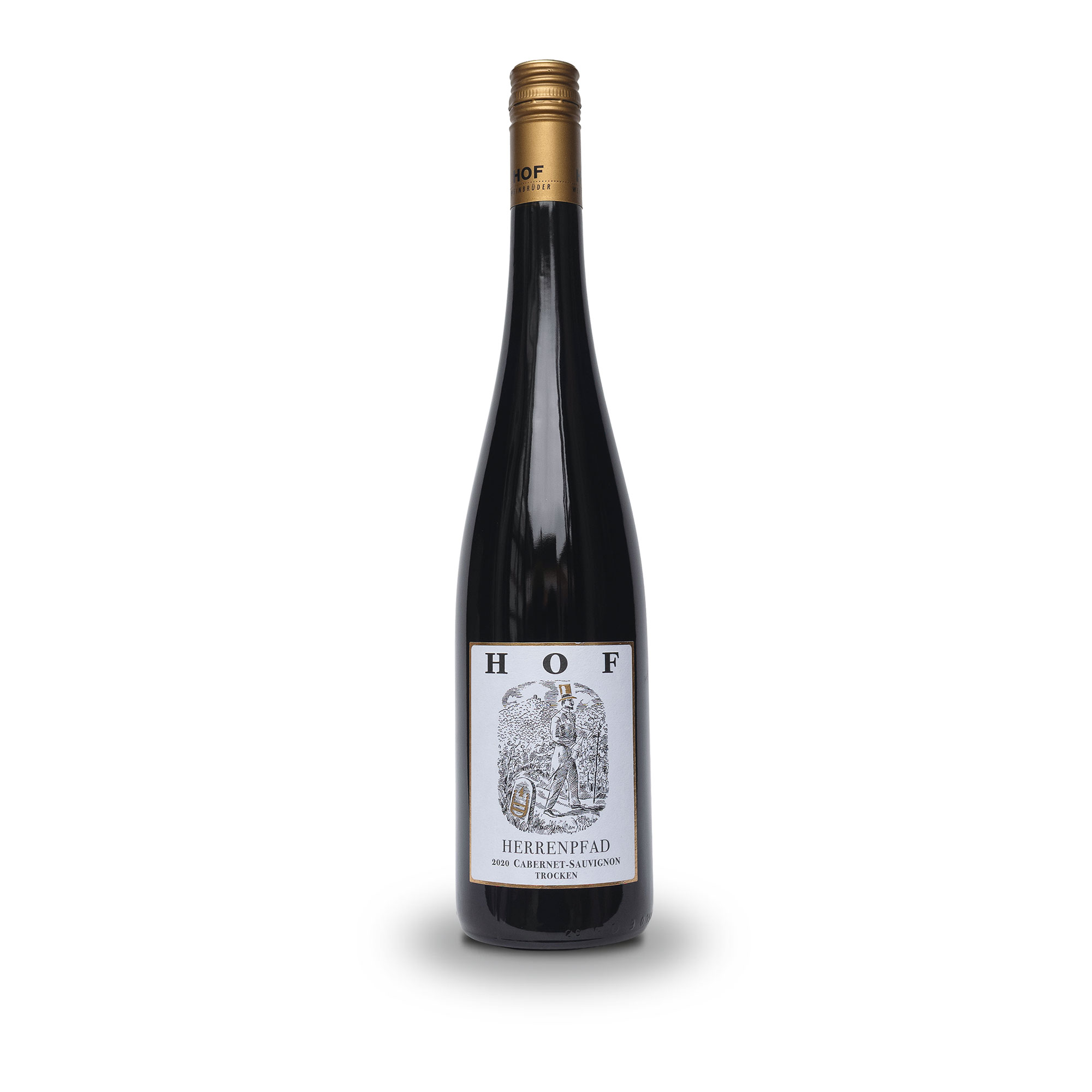 Dunkle Weinflasche mit goldener Kapsel, Etikett „HOF Herrenpfad 2020 Cabernet Sauvignon trocken“ auf weißem Hintergrund