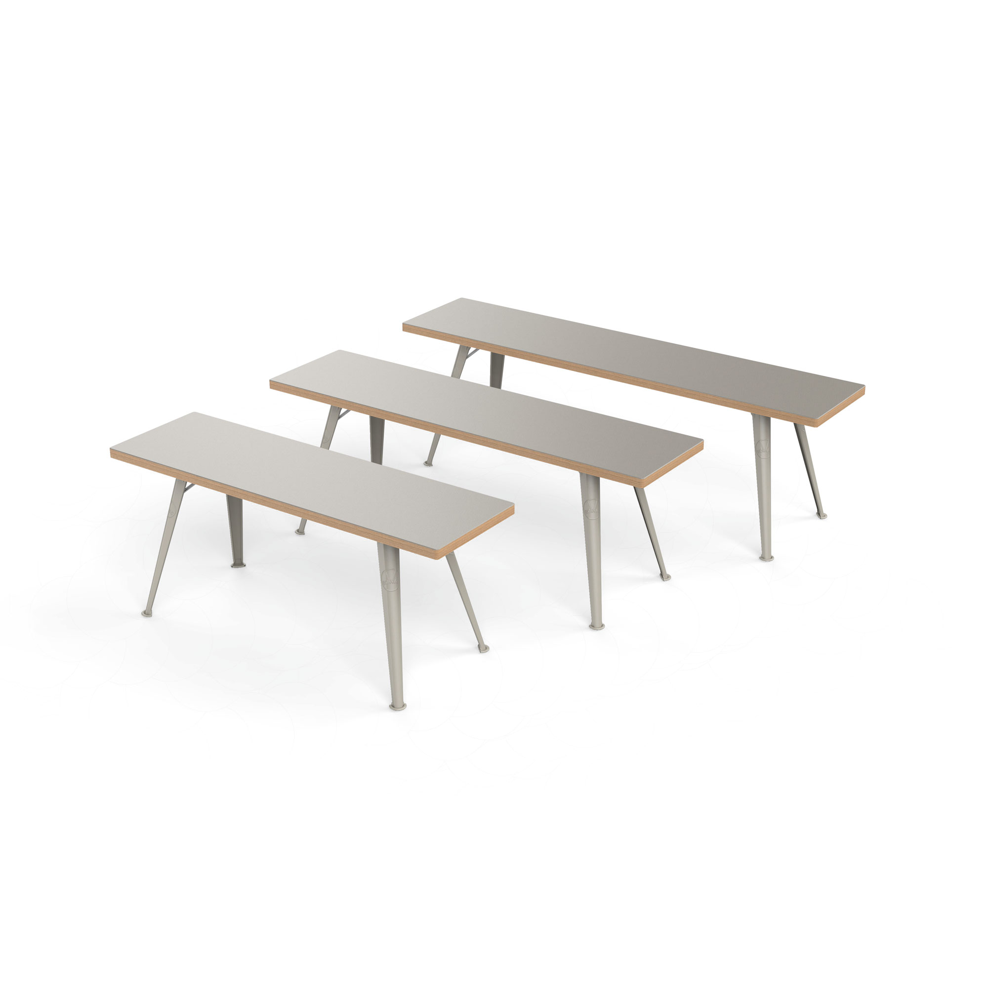 Drei Rowac-Bänke in exklusiver Sonderfarbe Desert Sand, klare Form, Stahlbeine, Sitzfläche mit Holzrand
