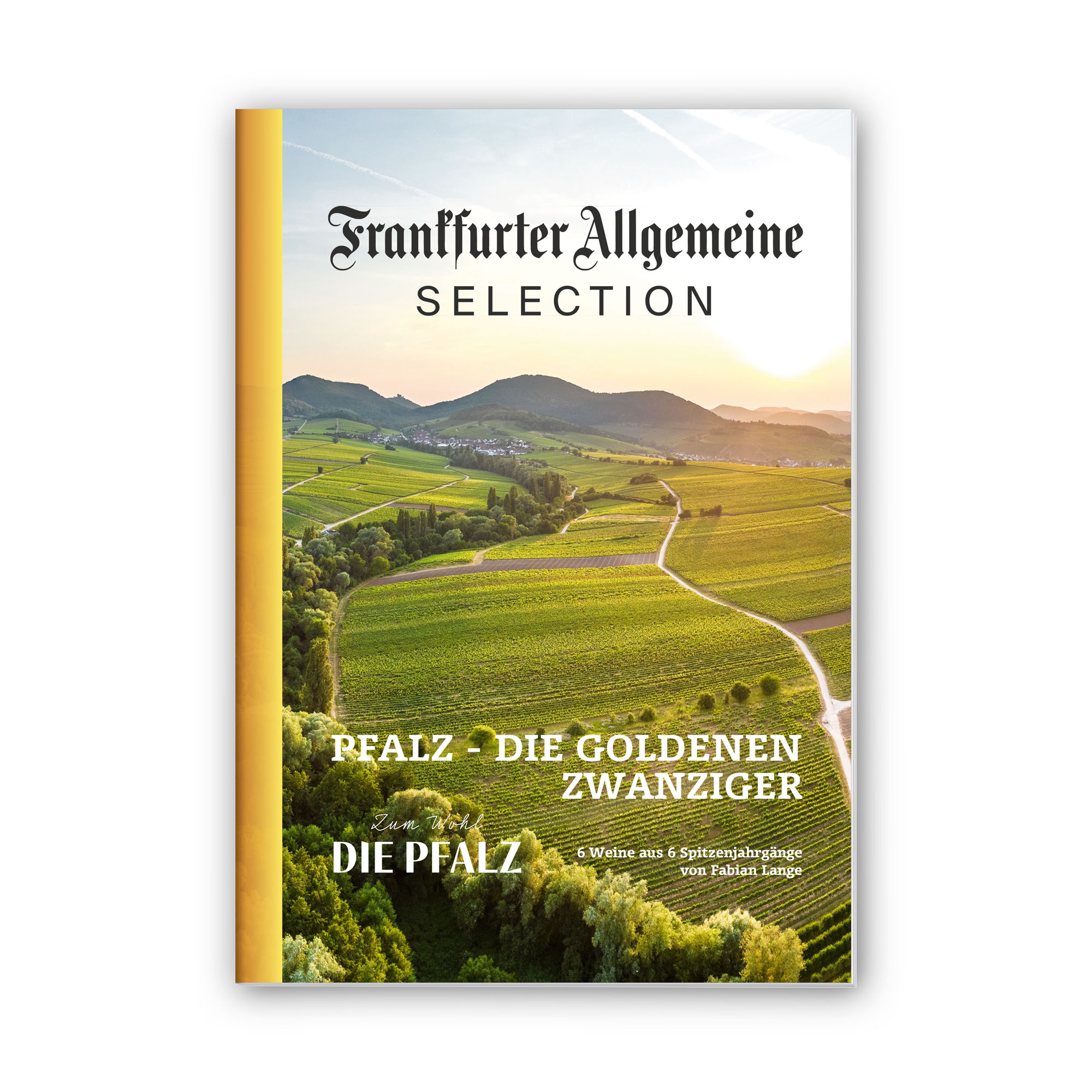 Landschaft mit grünen Weinbergen der Pfalz im Sonnenlicht, Cover mit Schriftzug Frankfurter Allgemeine Selection