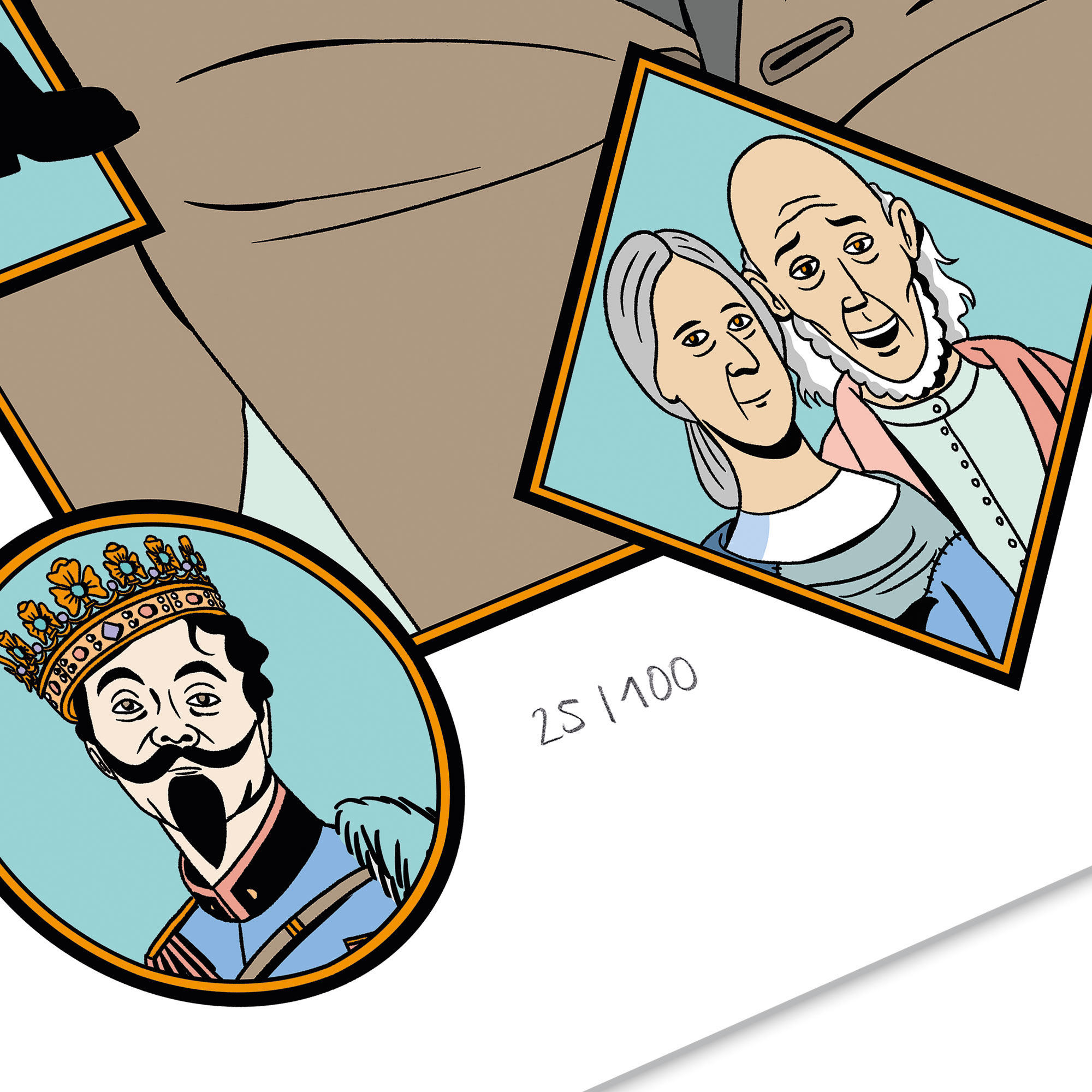 Comic-Illustration von Simon Schwartz mit Porträts eines älteren Paares und eines Mannes mit Krone, nummeriert 25/100