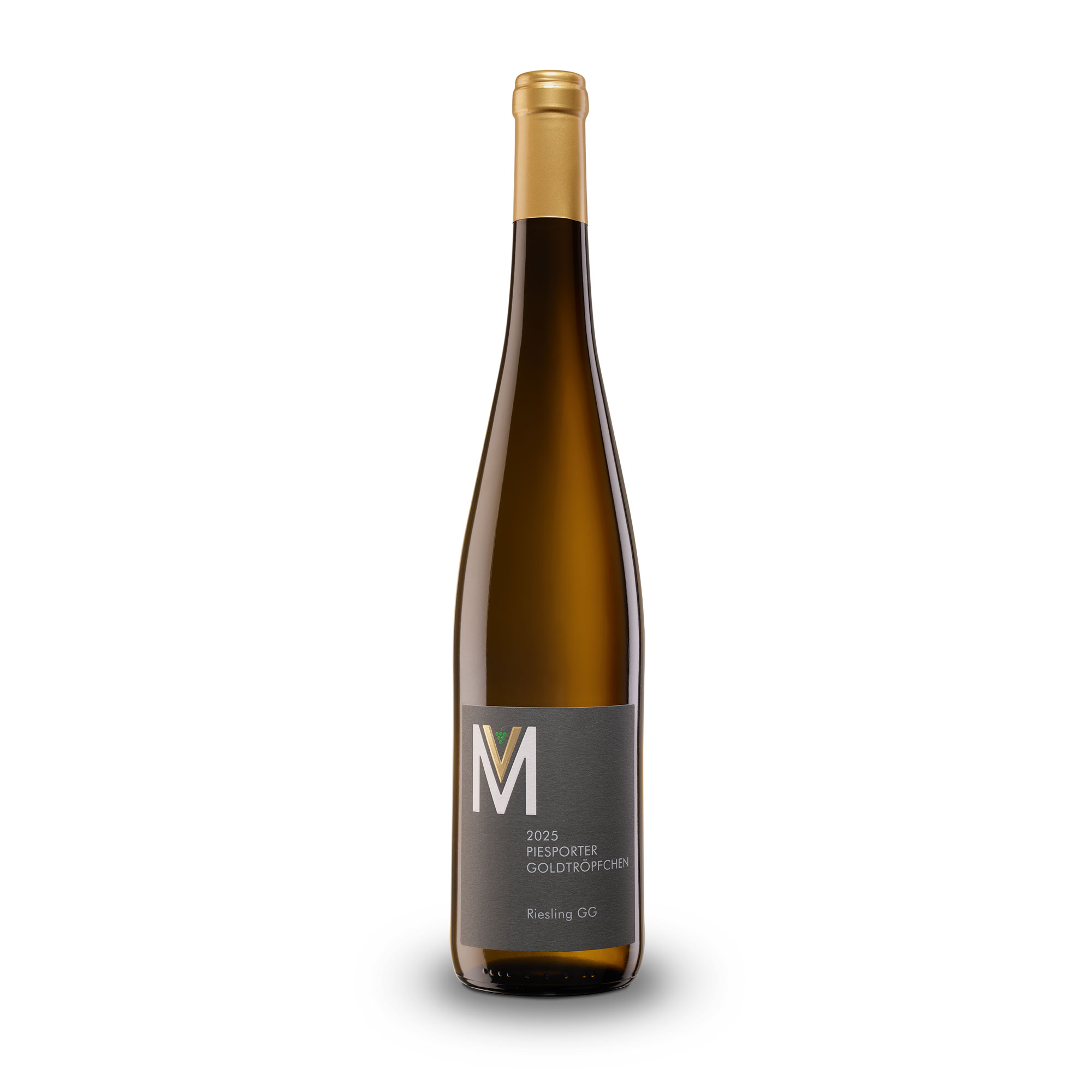 Schlanke Weißweinflasche mit goldener Kapsel, graues Etikett „2025 Piesporter Goldtröpfchen Riesling GG“