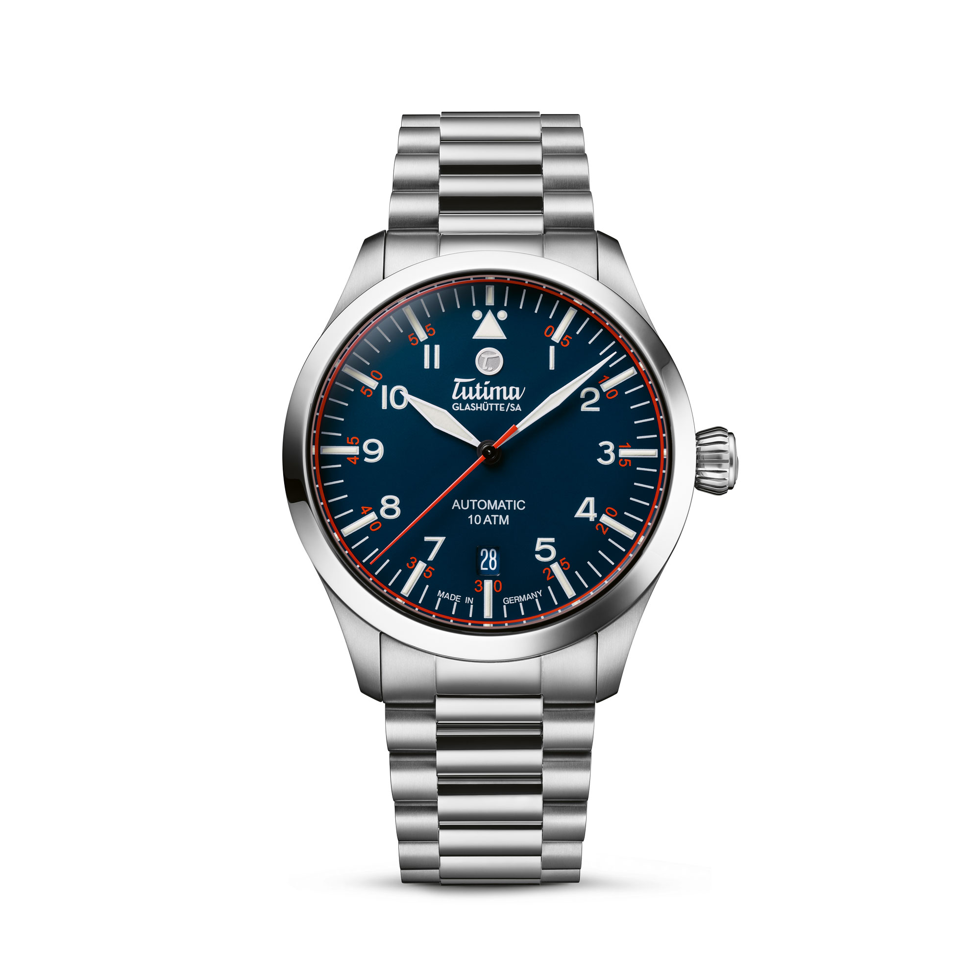 Armbanduhr Tutima Glashütte Flieger T5 mit blauem Zifferblatt, silbernem Titan-Gehäuse und Gliederarmband, rote Akzente