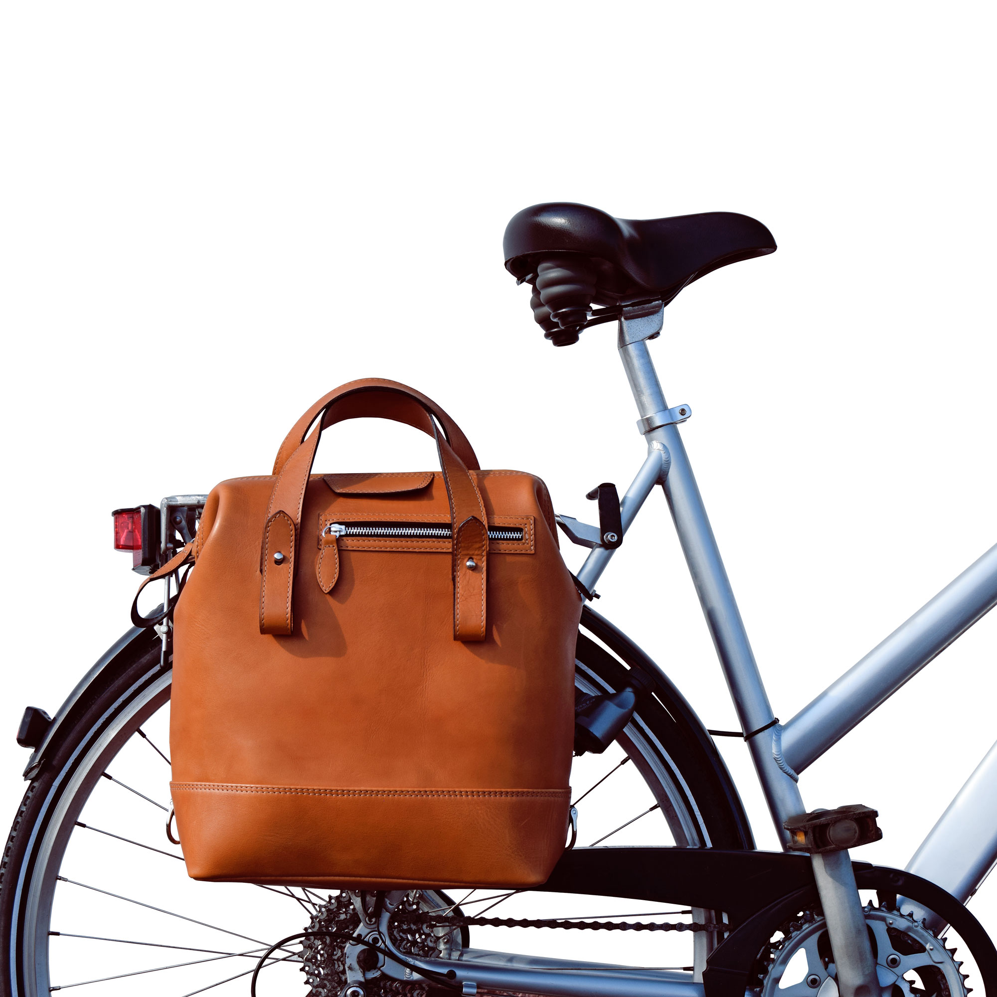 Fahrradtasche und Rucksack in Leder