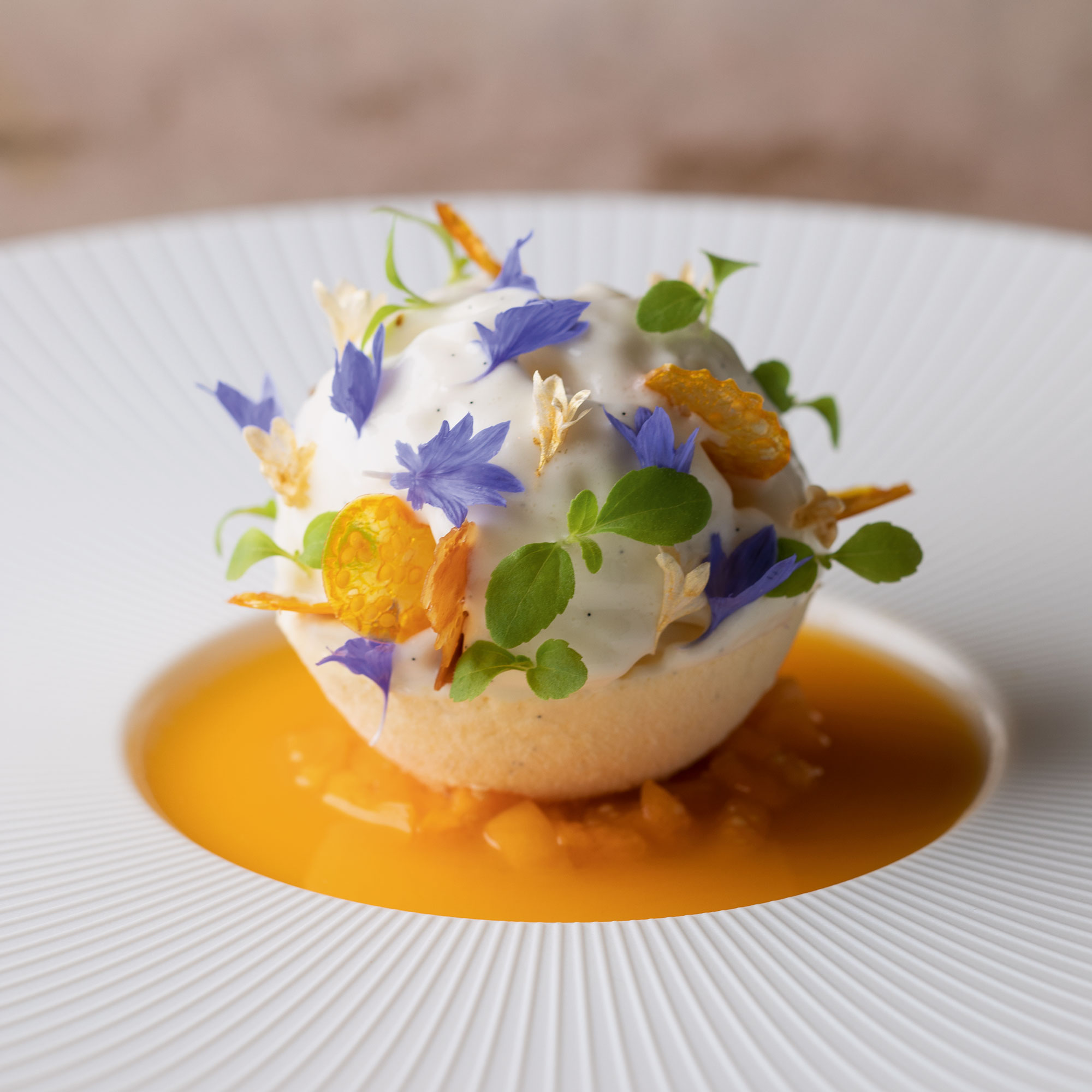 Kugel aus weißer Mousse mit essbaren Blüten, Kräutern und knusprigen Chips auf gelber Sauce in weißem Teller