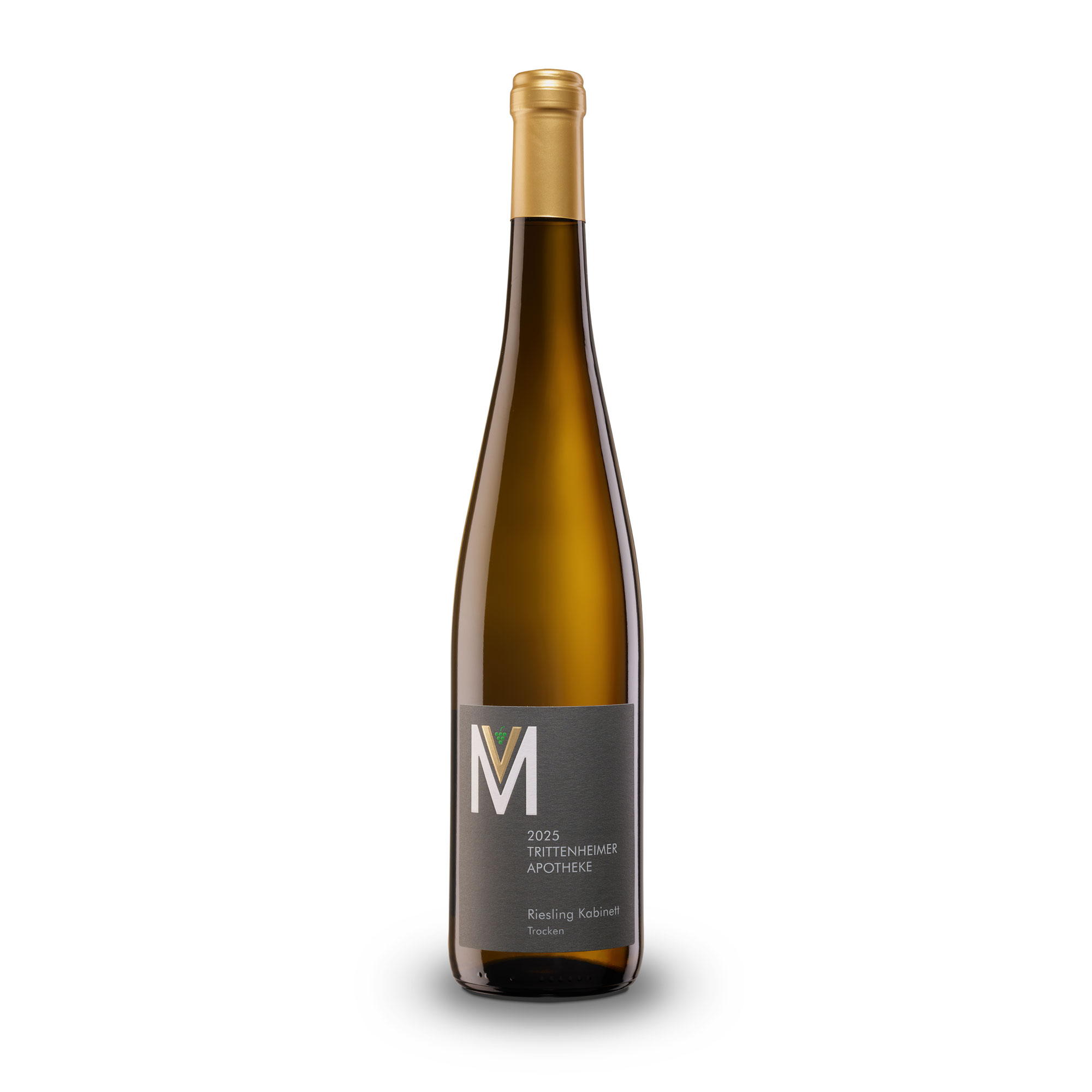 Braune Schlegelflasche mit goldener Kapsel, graues Etikett „2025 Trittenheimer Apotheke Riesling Kabinett trocken“